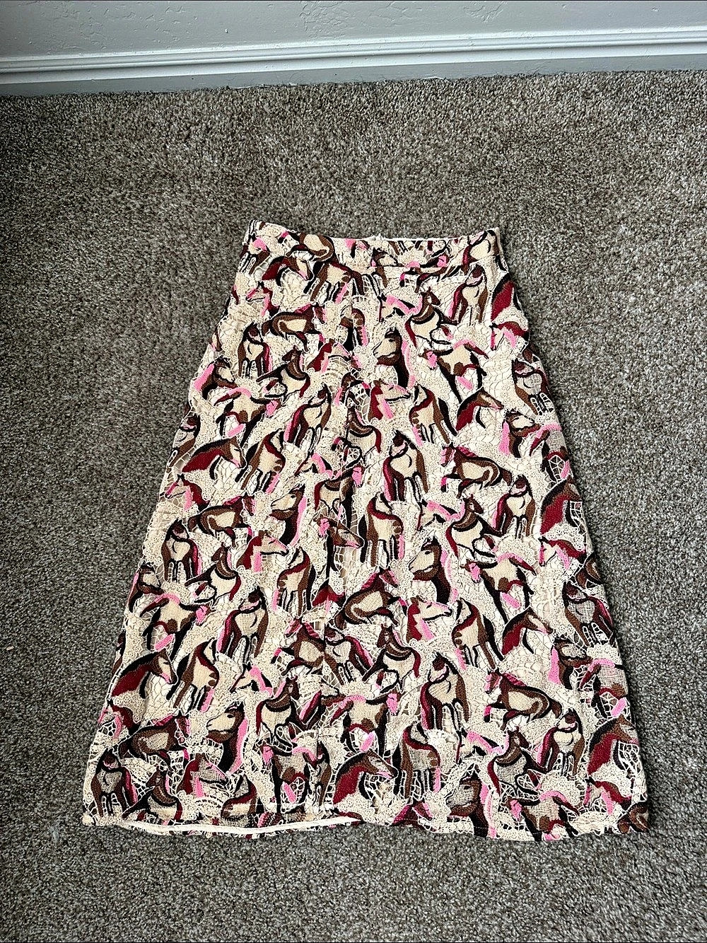FARM Rio Cream Horses Guipure Midi Skirt Pink & Brown Small
